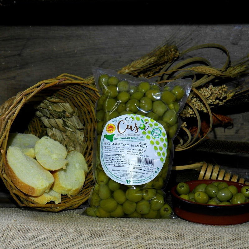 Olive Verdi Denocciolate in Salamoia Varietà Nocellara del Belice DOP - Busta da 450 g