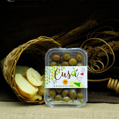 Olive Verdi Schiacciate Condite Varietà Nocellara del Belice DOP - Vaschetta da 270 g
