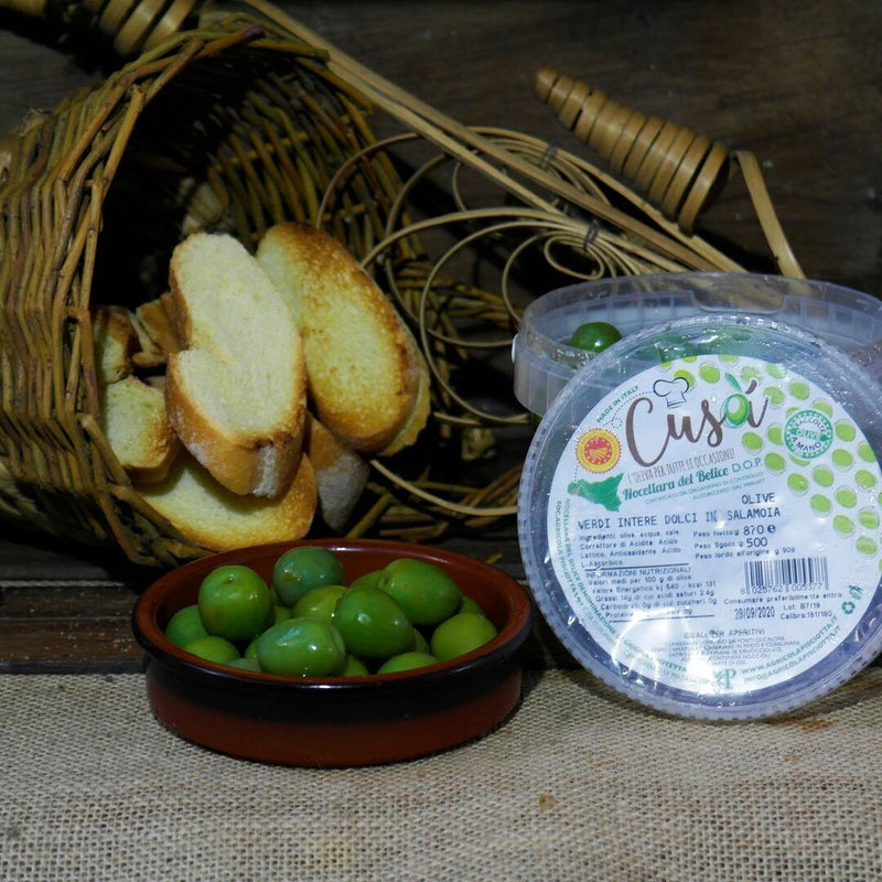 Olive Verdi Intere Dolci Varietà Nocellara del Belice DOP - Secchiellino da 500 g