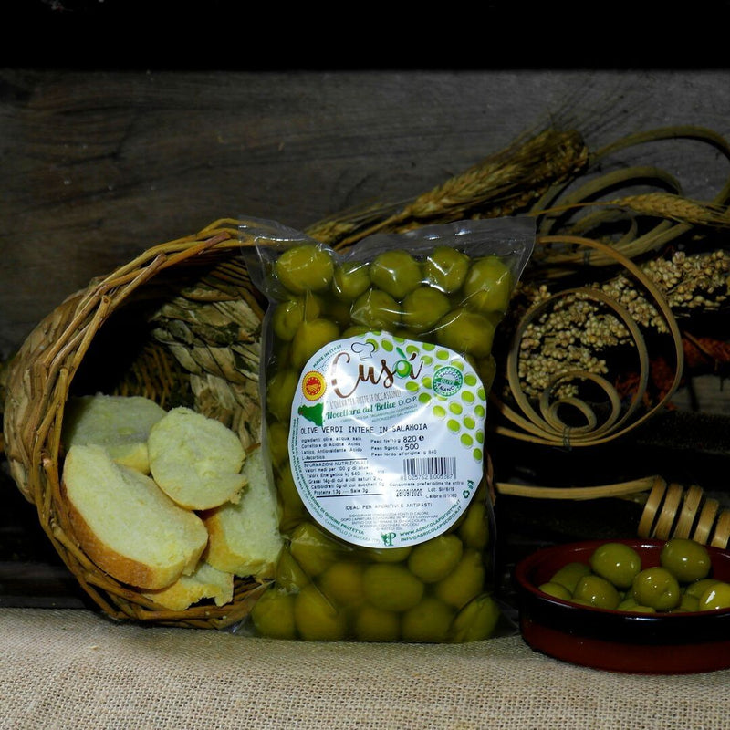 Olive Verdi Intere Varietà Nocellara del Belice DOP - Busta da 500 g