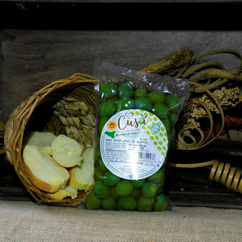 Olive Verdi Intere Dolci Varietà Nocellara del Belice DOP - Busta da 500 g